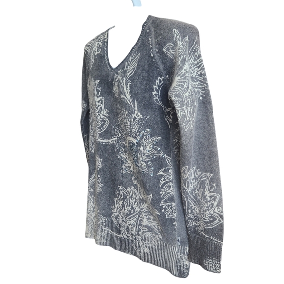 Monte Carlo Boho-glam Knit Gray & White Paisley Sparkly Chic V-Neck Sweater 38 - Picture 2 of 13